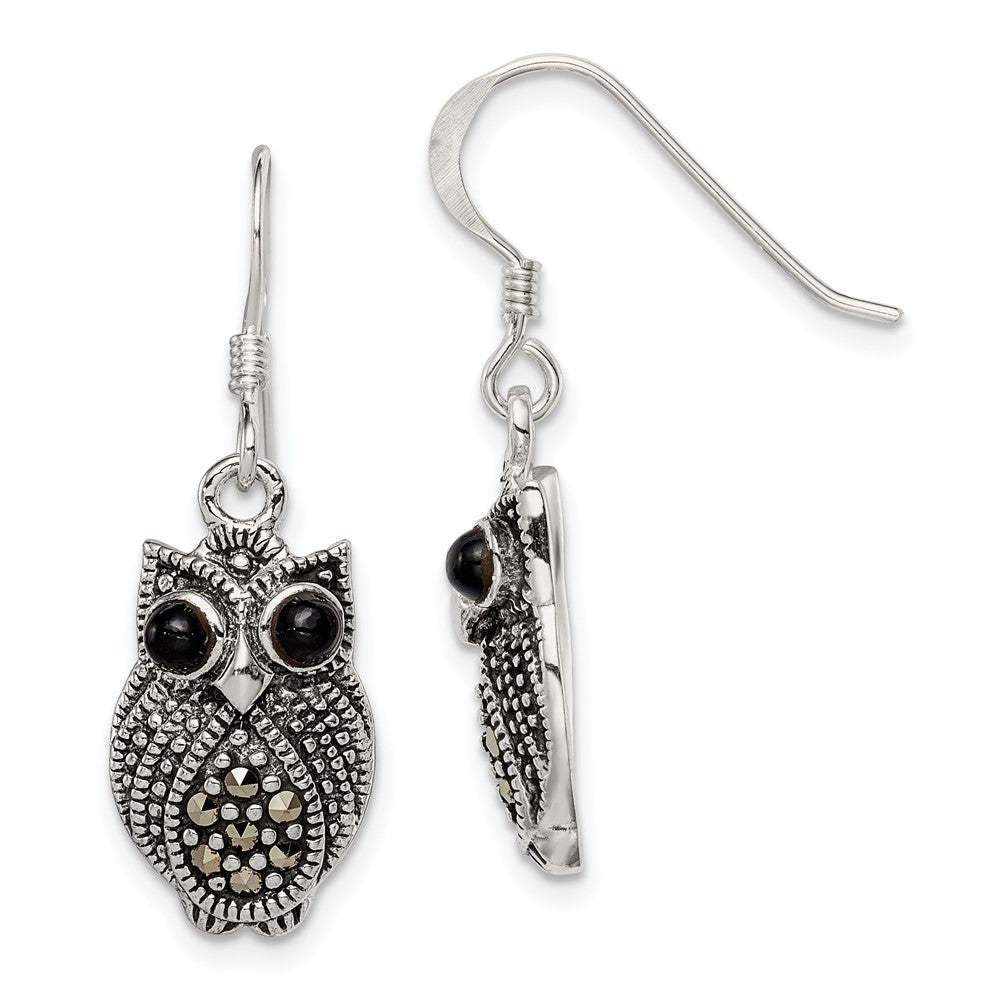 Sterlingsilber Antikisiert Markasit/blk Achat Eule Hirte Haken Ohrringe