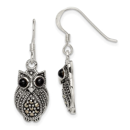 Sterlingsilber Antikisiert Markasit/blk Achat Eule Hirte Haken Ohrringe