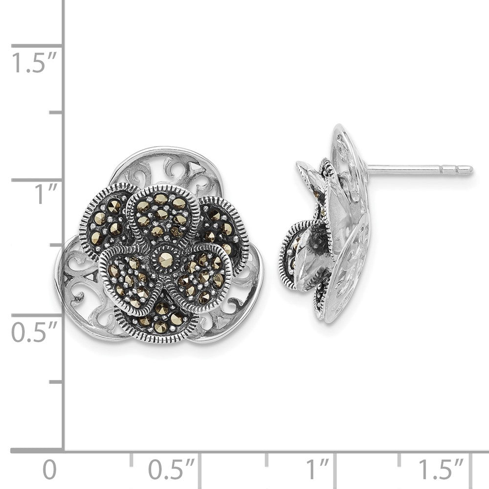 Sterlingsilber Poliert & Antikisiert Markasit Blume Ohrstecker