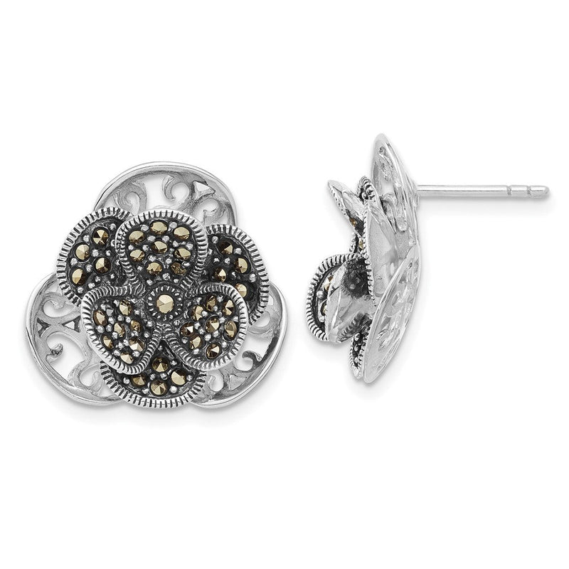 Sterlingsilber Poliert & Antikisiert Markasit Blume Ohrstecker