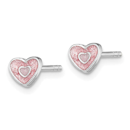 Sterlingsilber Rhodiniert Poliert Rosa Glitzer Emaille Herz Kinder Ohrstecker