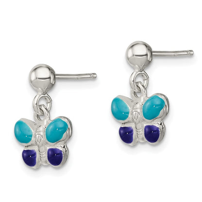 Sterlingsilber Poliert Blau & Lila Emailliert Schmetterling Kinder Stecker Ohrhänger