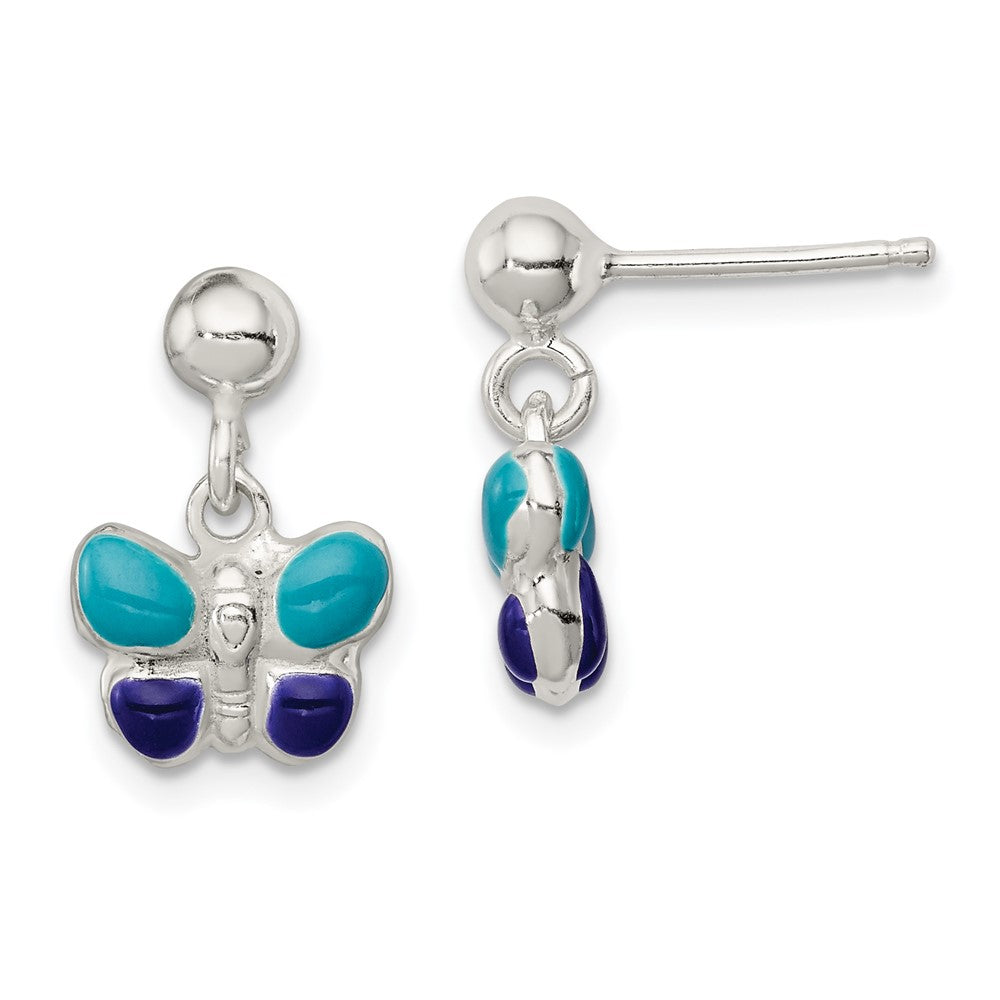 Sterlingsilber Poliert Blau & Lila Emailliert Schmetterling Kinder Stecker Ohrhänger