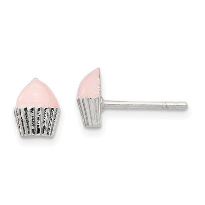 Sterlingsilber Poliert Rosa Emailliert Cupcake Kinder Ohrstecker