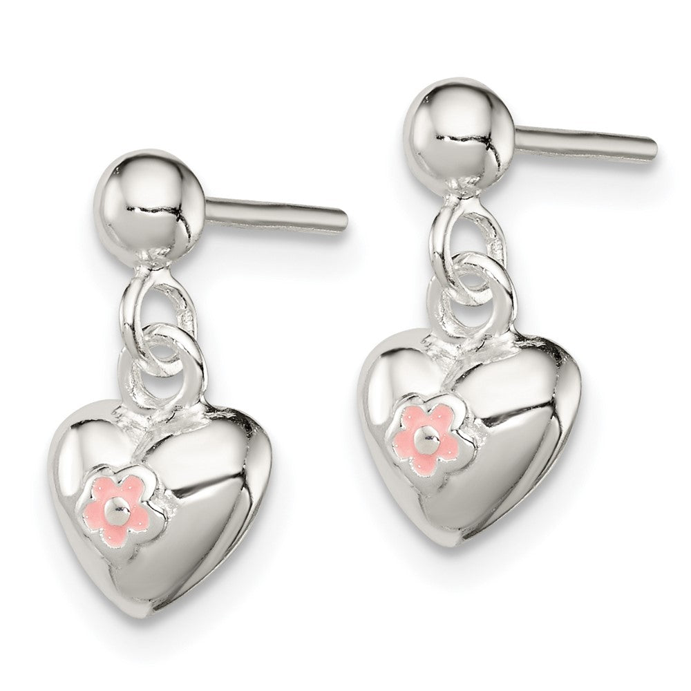Sterlingsilber Poliert Rosa Emaille Blume Herz Kinder Stecker Ohrhänger