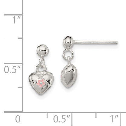Sterlingsilber Poliert Rosa Emaille Blume Herz Kinder Stecker Ohrhänger