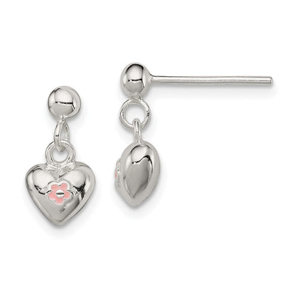Sterlingsilber Poliert Rosa Emaille Blume Herz Kinder Stecker Ohrhänger