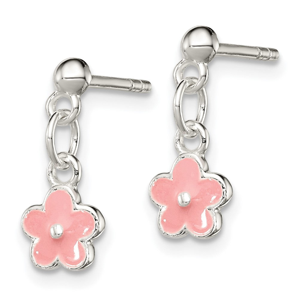 Sterlingsilber Poliert Rosa Emailliert Blume Kinder Stecker Ohrhänger