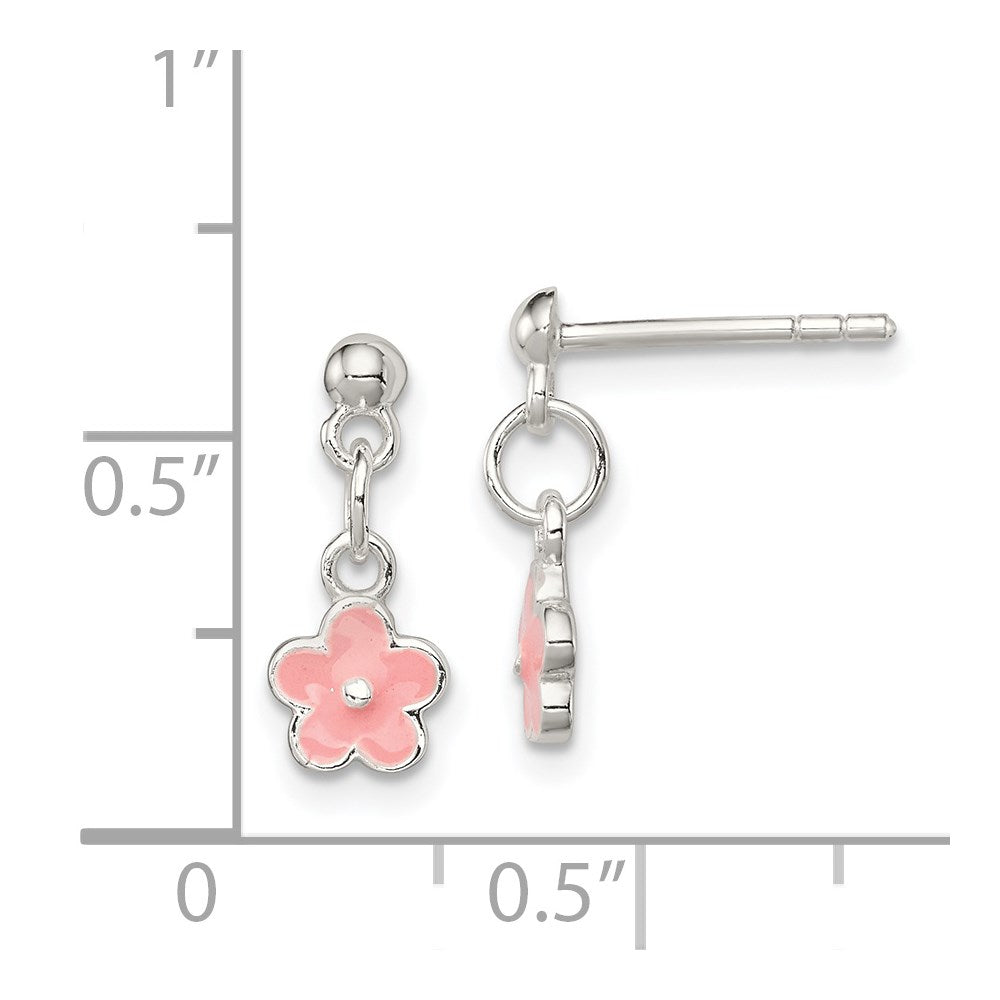 Sterlingsilber Poliert Rosa Emailliert Blume Kinder Stecker Ohrhänger