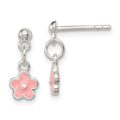 Sterlingsilber Poliert Rosa Emailliert Blume Kinder Stecker Ohrhänger