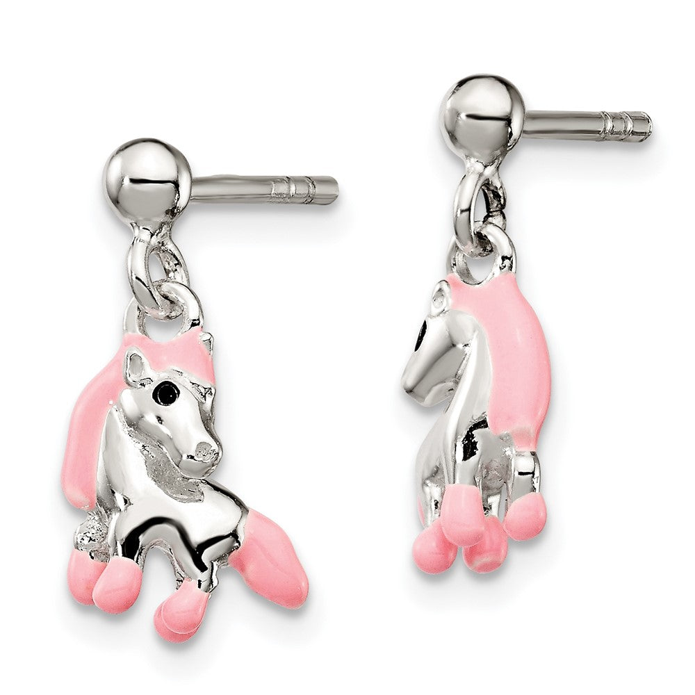 Sterlingsilber Poliert Rosa & Schwarz Emailliert Pferd Kinder Stecker Ohrhänger