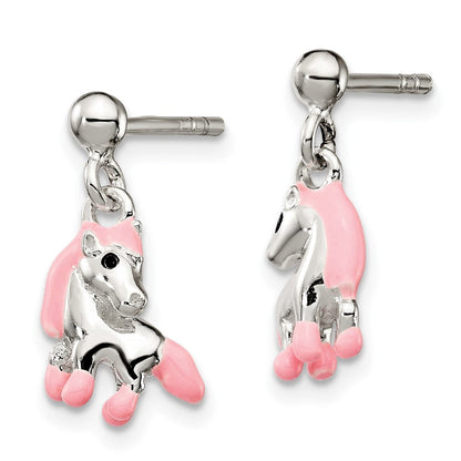 Sterlingsilber Poliert Rosa & Schwarz Emailliert Pferd Kinder Stecker Ohrhänger