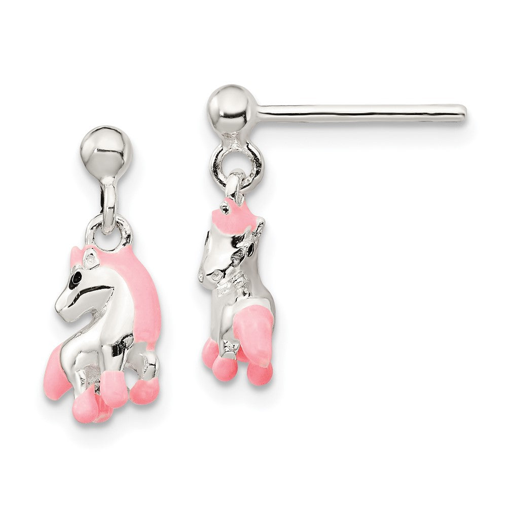 Sterlingsilber Poliert Rosa & Schwarz Emailliert Pferd Kinder Stecker Ohrhänger