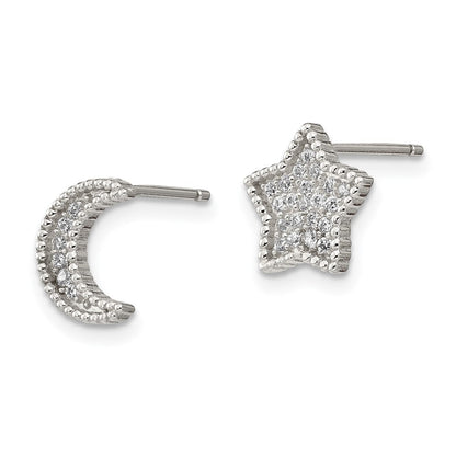 Sterlingsilber Rhodiniert Poliert Zirkonia Mond und Stern Ohrstecker