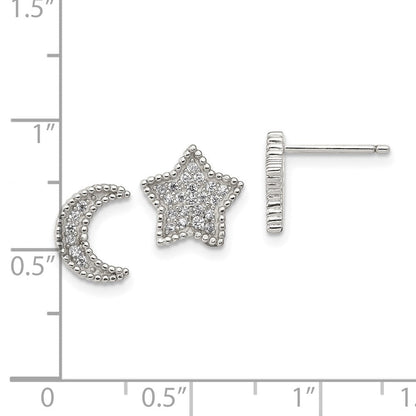 Sterlingsilber Rhodiniert Poliert Zirkonia Mond und Stern Ohrstecker