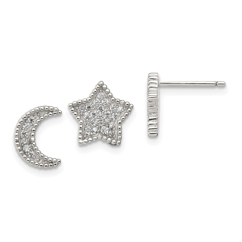 Sterlingsilber Rhodiniert Poliert Zirkonia Mond und Stern Ohrstecker