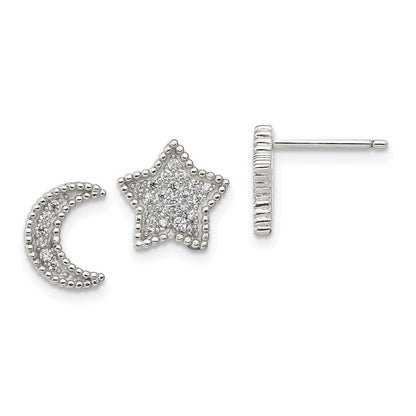 Sterlingsilber Rhodiniert Poliert Zirkonia Mond und Stern Ohrstecker