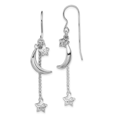 Sterlingsilber Rhodiniert Diamantiert Gewölbt Stern und Mond Ohrringe