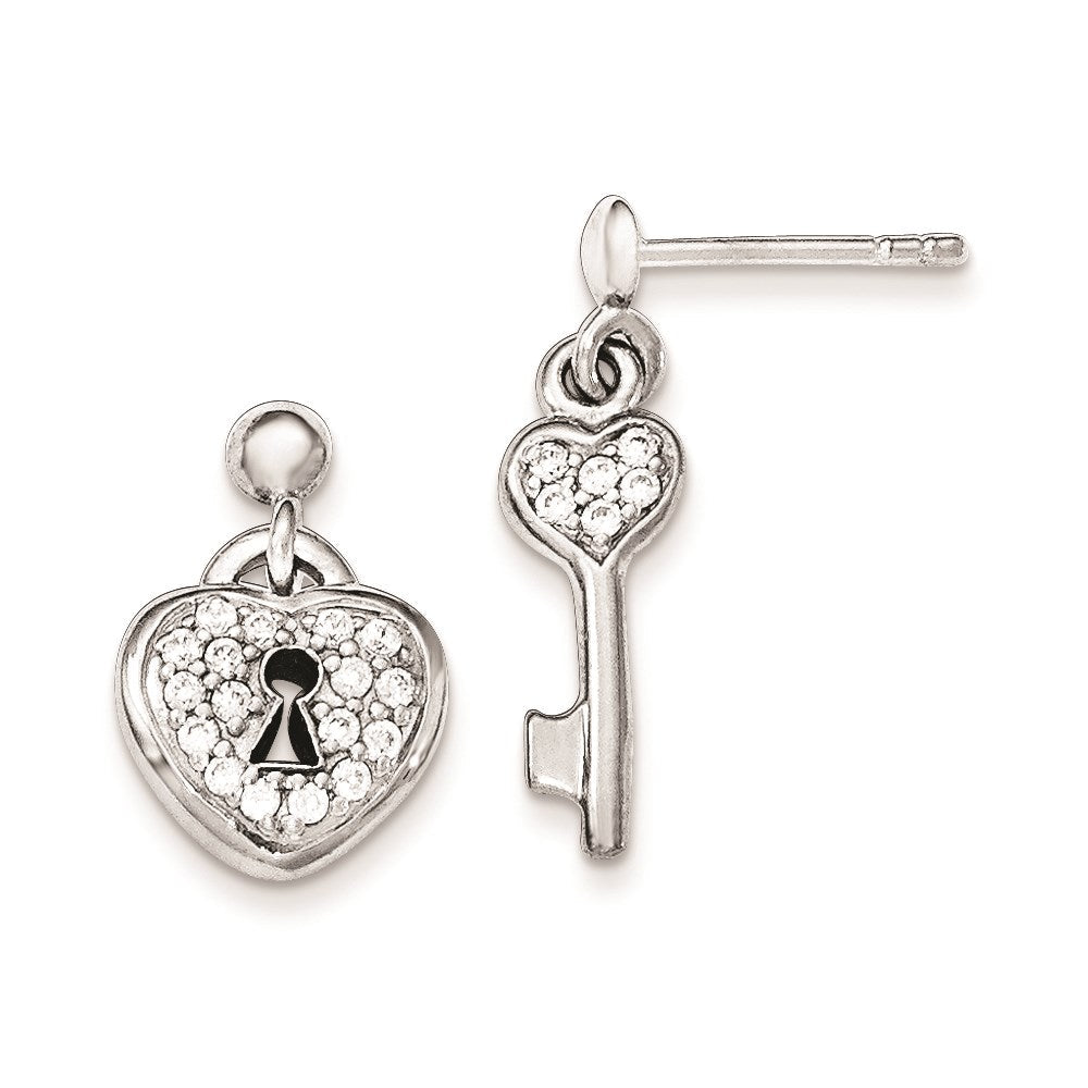 Sterlingsilber Poliert Zirkonia Herz Schloss & Key Stecker Ohrhänger