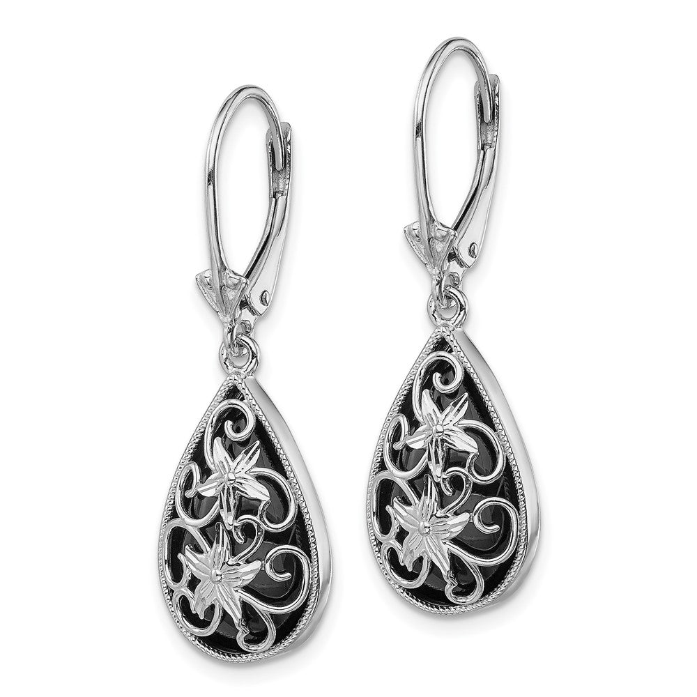 Sterlingsilber Rhodiniert Diamantiert Onyx Blumen Tropfen Ohrhänger mit Brisur