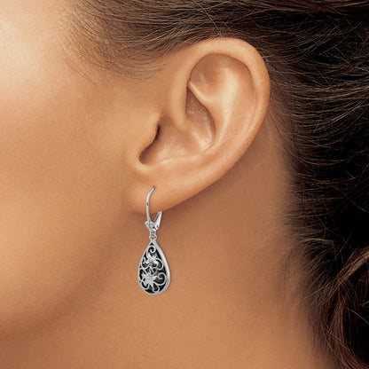 Sterlingsilber Rhodiniert Diamantiert Onyx Blumen Tropfen Ohrhänger mit Brisur