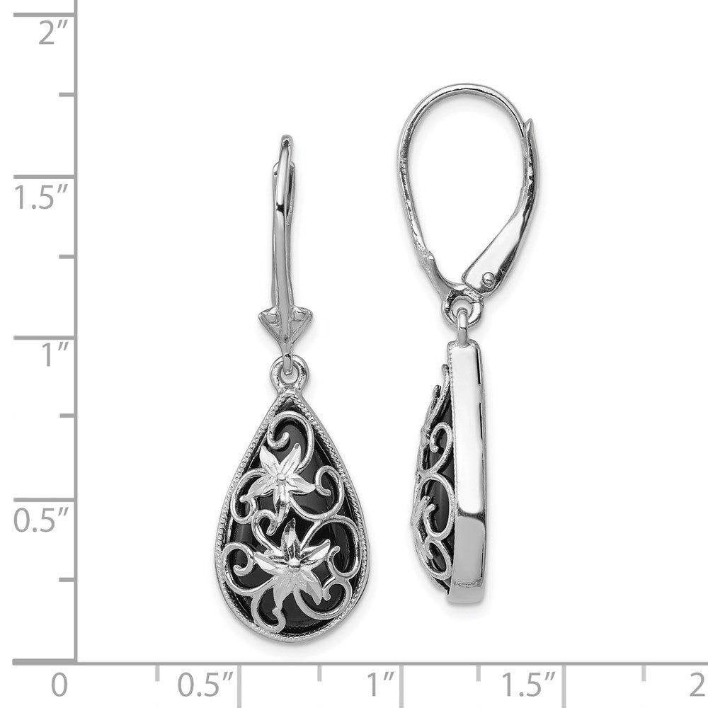 Sterlingsilber Rhodiniert Diamantiert Onyx Blumen Tropfen Ohrhänger mit Brisur