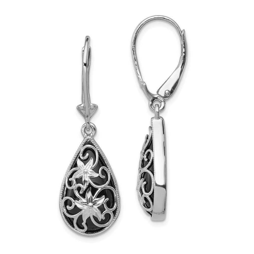 Sterlingsilber Rhodiniert Diamantiert Onyx Blumen Tropfen Ohrhänger mit Brisur
