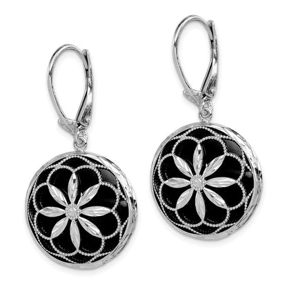 Sterlingsilber Rhodiniert Gekugelt Filigran Diamantiert Starburst Muster Onyx Hängend Ohrhänger mit Brisur