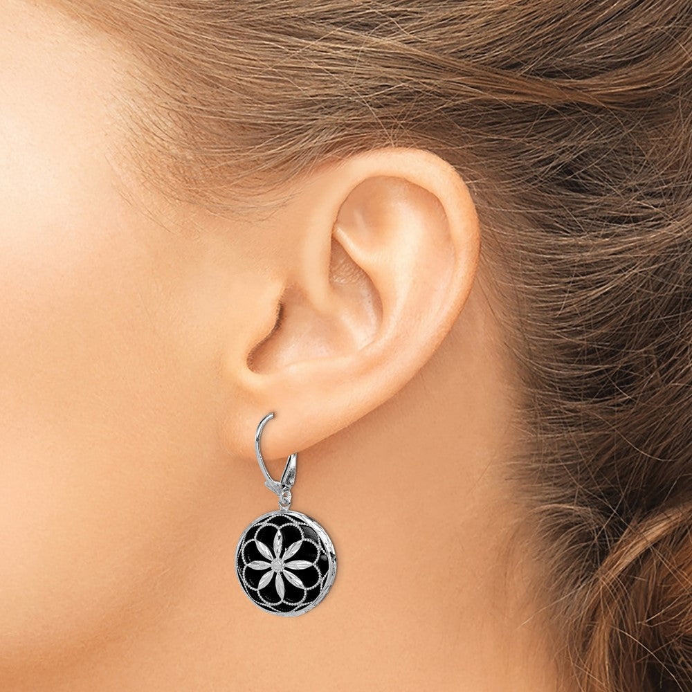 Sterlingsilber Rhodiniert Gekugelt Filigran Diamantiert Starburst Muster Onyx Hängend Ohrhänger mit Brisur