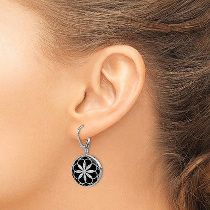 Sterlingsilber Rhodiniert Gekugelt Filigran Diamantiert Starburst Muster Onyx Hängend Ohrhänger mit Brisur