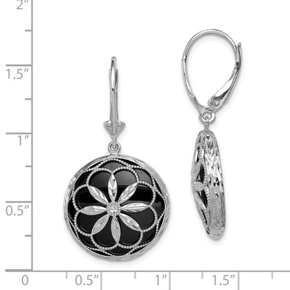 Sterlingsilber Rhodiniert Gekugelt Filigran Diamantiert Starburst Muster Onyx Hängend Ohrhänger mit Brisur