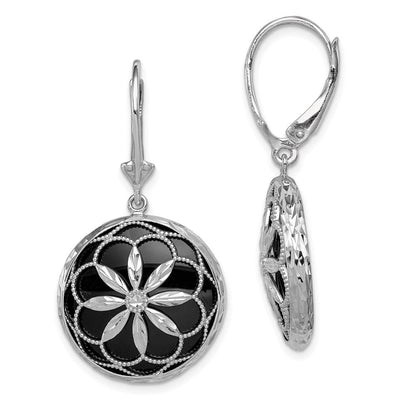 Sterlingsilber Rhodiniert Gekugelt Filigran Diamantiert Starburst Muster Onyx Hängend Ohrhänger mit Brisur