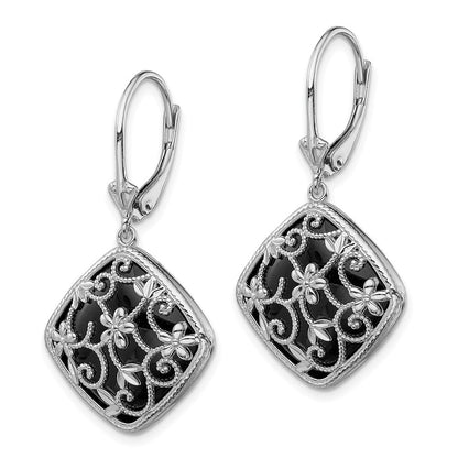 Sterlingsilber Rhodiniert Filigran Blumen Diamantiert Form Onyx Hängend Ohrhänger mit Brisur