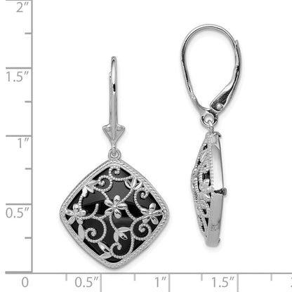 Sterlingsilber Rhodiniert Filigran Blumen Diamantiert Form Onyx Hängend Ohrhänger mit Brisur