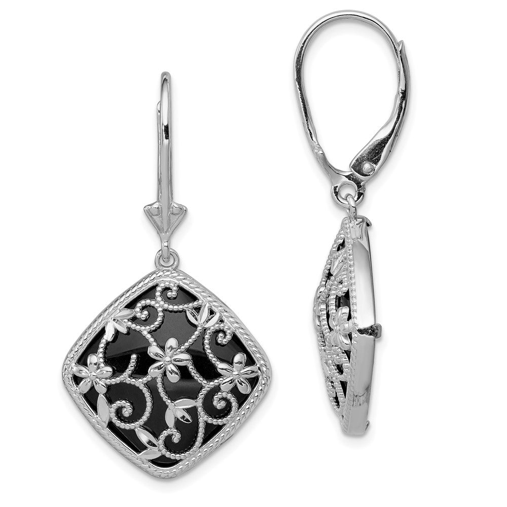 Sterlingsilber Rhodiniert Filigran Blumen Diamantiert Form Onyx Hängend Ohrhänger mit Brisur