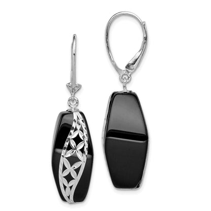 Sterlingsilber Rhodiniert Poliert & Diamantiert Onyx Brisur Ohrhänger