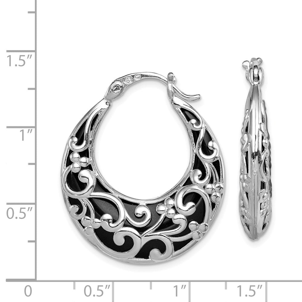 Sterlingsilber Rhodiniert Poliert Onyx Filigran Rund Creolen