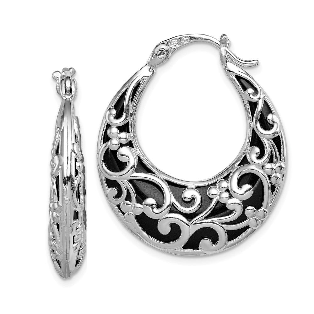 Sterlingsilber Rhodiniert Poliert Onyx Filigran Rund Creolen