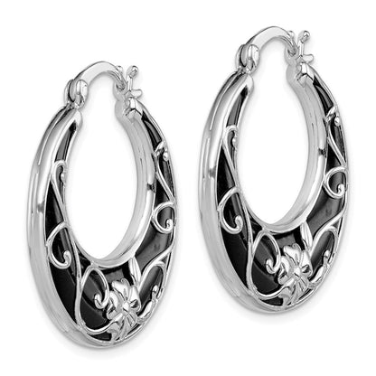Sterlingsilber Rhodiniert Poliert Onyx Blumen Rund Creolen