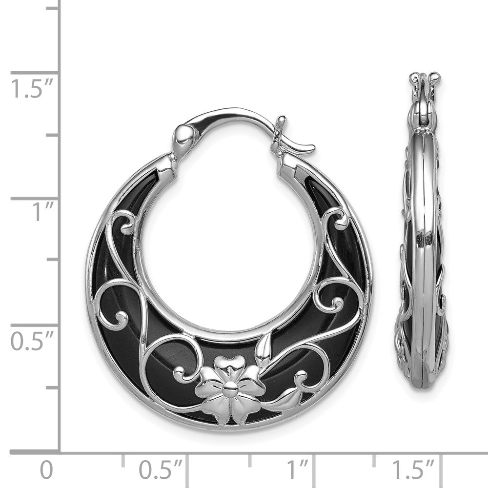 Sterlingsilber Rhodiniert Poliert Onyx Blumen Rund Creolen