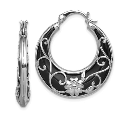 Sterlingsilber Rhodiniert Poliert Onyx Blumen Rund Creolen