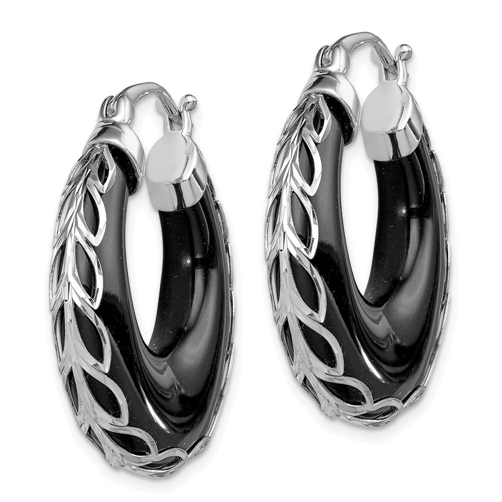 Sterlingsilber Rhodiniert Poliert & Diamantiert Onyx Rund Creolen
