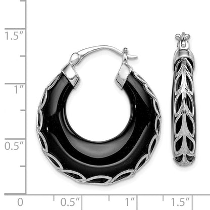 Sterlingsilber Rhodiniert Poliert & Diamantiert Onyx Rund Creolen
