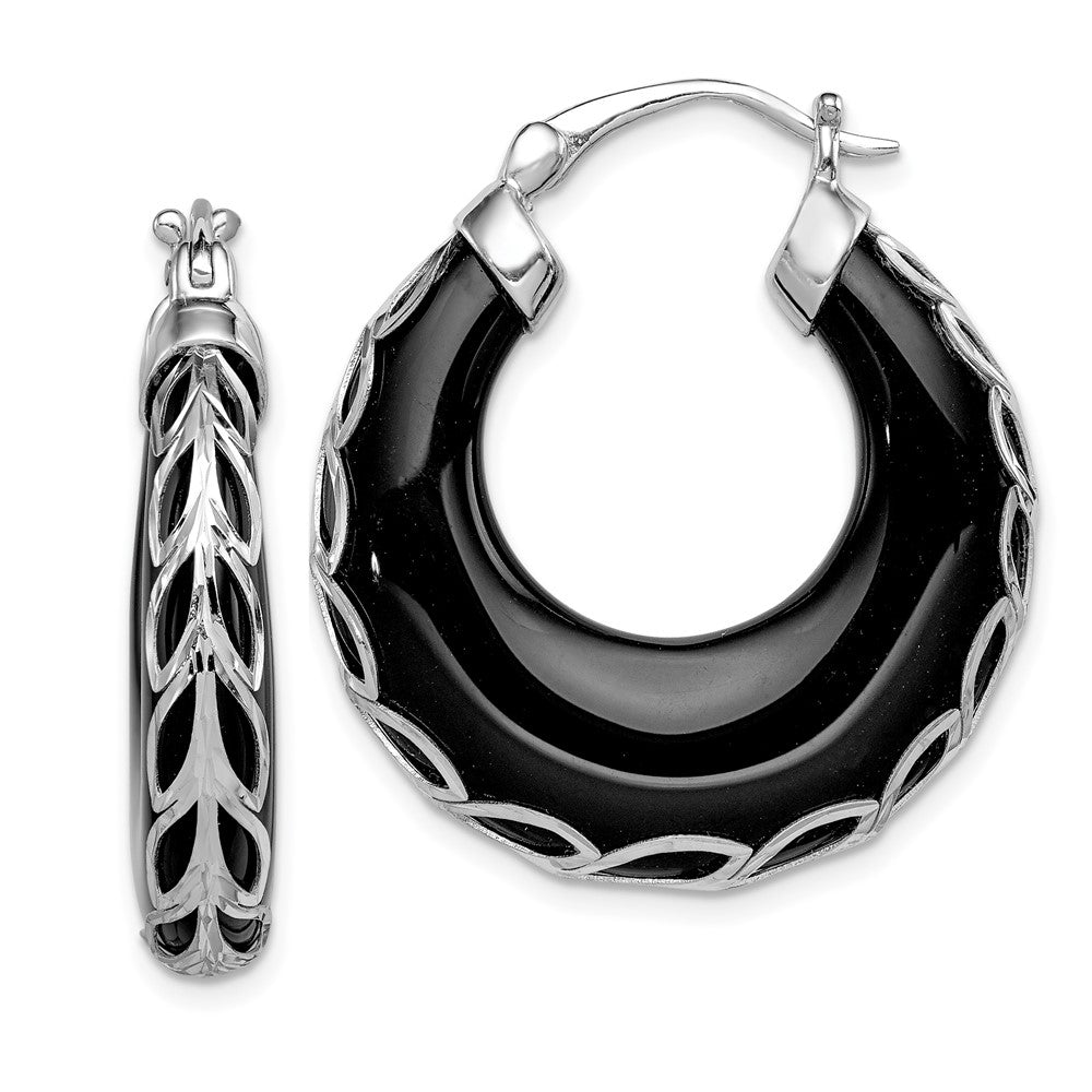 Sterlingsilber Rhodiniert Poliert & Diamantiert Onyx Rund Creolen
