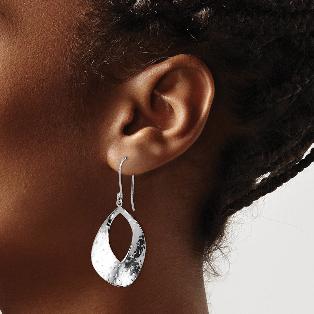 Sterlingsilber Rhodiniert Poliert & Strukturiert Gebogen Tropfen Hängend Earrin