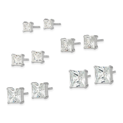 Sterlingsilber Poliert Quadratisch Zirkonia 5-pair Ohrstecker Set