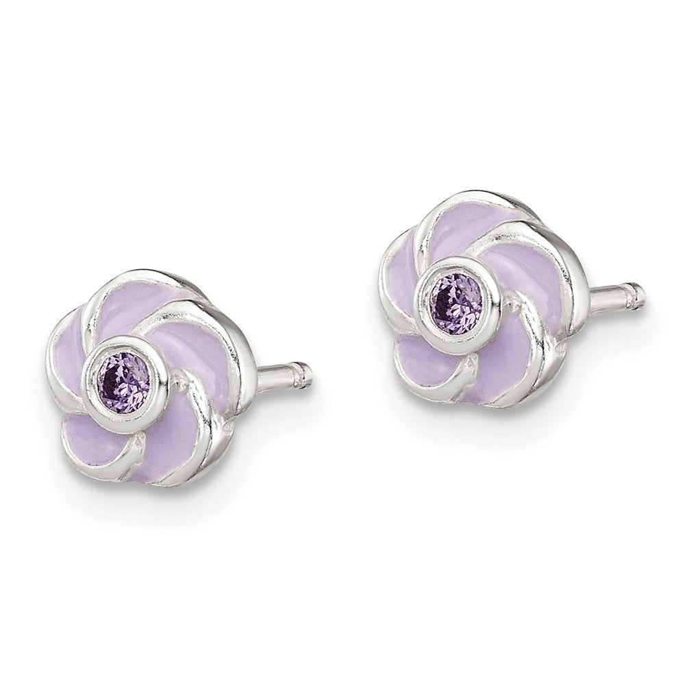 Sterlingsilber Poliert Lila Zirkonia Emaille Blume Ohrstecker