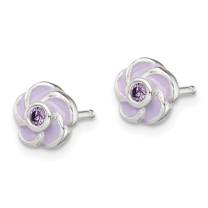 Sterlingsilber Poliert Lila Zirkonia Emaille Blume Ohrstecker