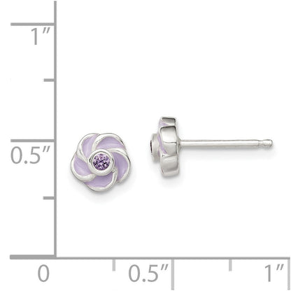 Sterlingsilber Poliert Lila Zirkonia Emaille Blume Ohrstecker
