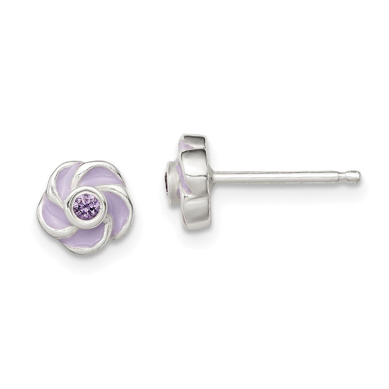 Sterlingsilber Poliert Lila Zirkonia Emaille Blume Ohrstecker
